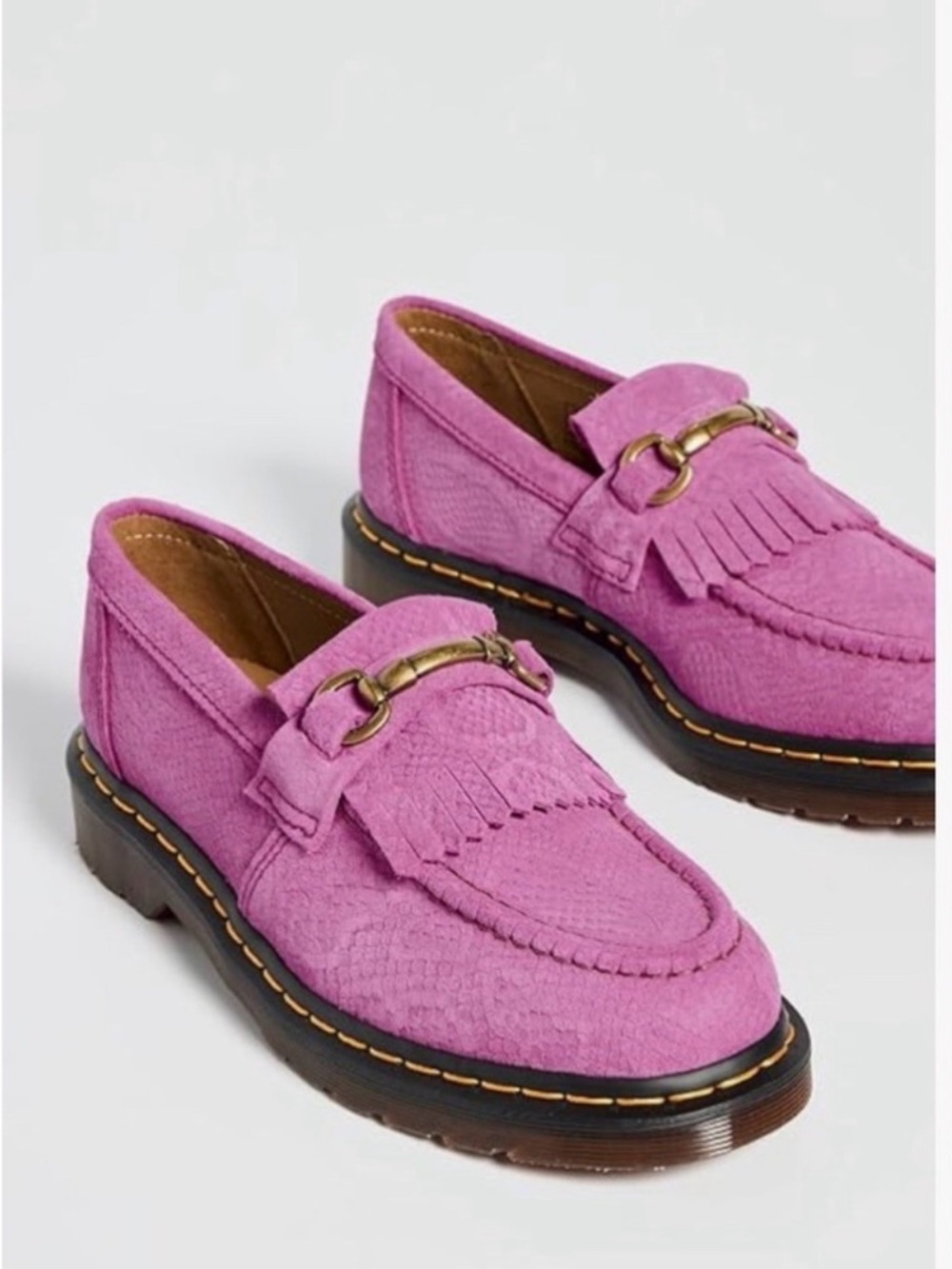 Dr. Martens Magenta Suede Kiltie Loafers with Brass Bit